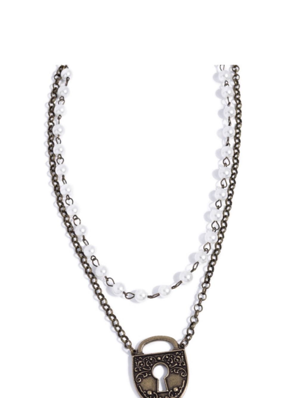 N-47 Vintage-Inspired Pearl Layered Lock Necklace - White